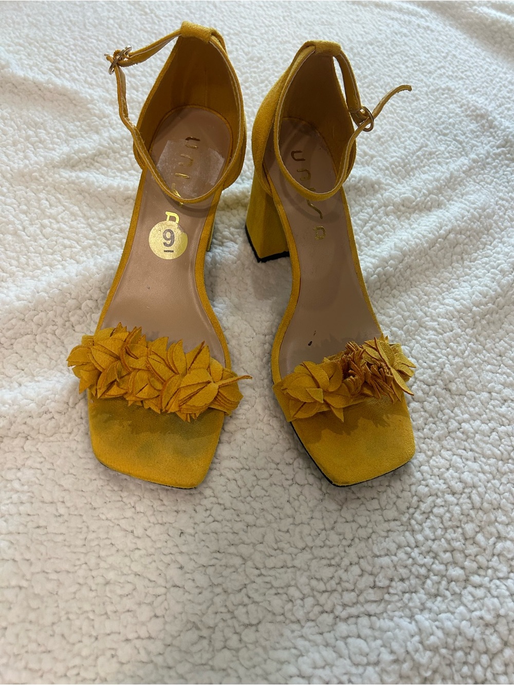 Unisa Mustard Yellow Floral Suede Block Heel Sandals